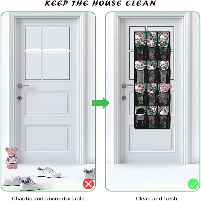 Skull Tropical Flowers Hanging Storage Bags,Shoe Organizer Door Hanger with 12 Mesh Large Pockets,Space Saver Hanging Shoe Storage Hanging Bag