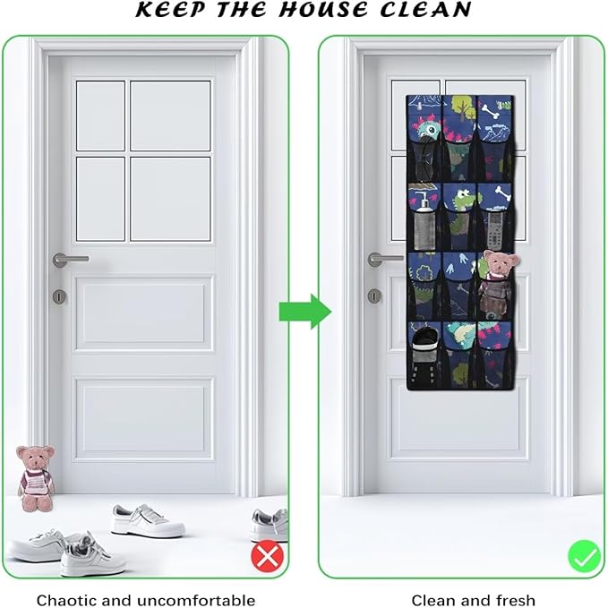 Over The Door Organizer, Dinosaur 4 Shelf Hanging Storage Organizer with 12 Clear Mesh Shoe Organizer Door Hanger Closet Hanging Rack for Toys Snacks Shoes