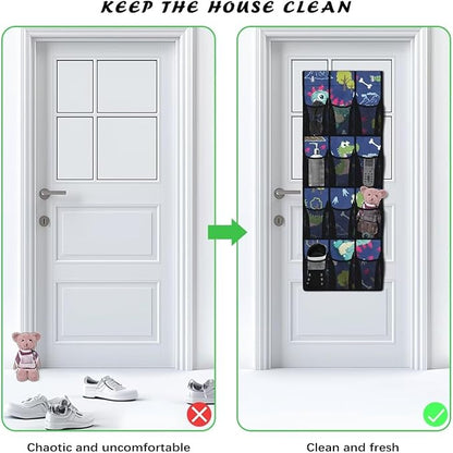 Over The Door Organizer, Dinosaur 4 Shelf Hanging Storage Organizer with 12 Clear Mesh Shoe Organizer Door Hanger Closet Hanging Rack for Toys Snacks Shoes
