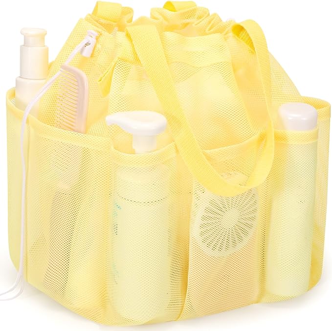 famichan Mesh Shower Caddy Portable with Drawstring, Dorm Room Essentials for College Students Girls & Boys, Large Shower Bag for Camping,Swimming,Gym,Travel,Bathroom - Yellow