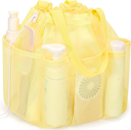 famichan Mesh Shower Caddy Portable with Drawstring, Dorm Room Essentials for College Students Girls & Boys, Large Shower Bag for Camping,Swimming,Gym,Travel,Bathroom - Yellow