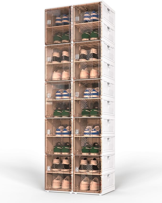 Latoxcaa 10 Tiers Foldable Shoe Storage, No-Tool Assembly Shoe Box with Magnetic Clear Doors, Closed Shoe Rack for Closet, Entryway and Garage, Fits Men's Size 14, 20Pairs