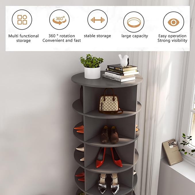 Rotating Shoe Rack Tower, 360-Degree Circular Storage Organizer for Shoes and Handbags, Vertical Space-Saving Cabinet for Entrance Hall, Independent Rotating Shoe Shelf（A-Gray）