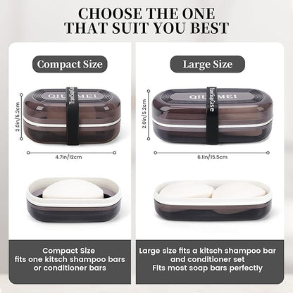 Shampoo Bar Holder Travel Case | Leakproof Soap Container with Lid & Drain Tray | Includes Silicone Strap and Soap Bag | Compatible with Kitsch Solid Shampoo and Conditioner Bars (Black, Large)
