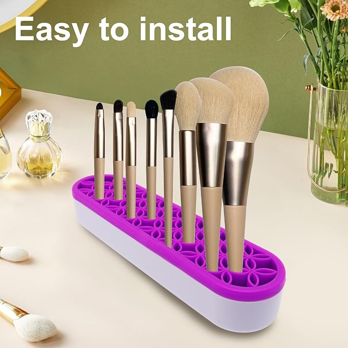 2Pcs Silicone Makeup Brush Holder Stand Purple Make Up Brushes Holder Organizer Makeup Brush Holders for Painting Pen Brushes Nail Clippers Drill Pens Ruler Sewing Craft Tools