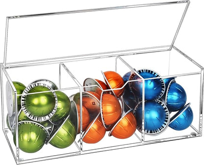 BEYGORM Acrylic Coffee Pod Holder with Lid for 24 Kcup, Clear Coffee Capsule Storage Organizer,3 Compartments Coffee Bar Station Organizer Compatible with Coffee Pod, Coffee Creamer