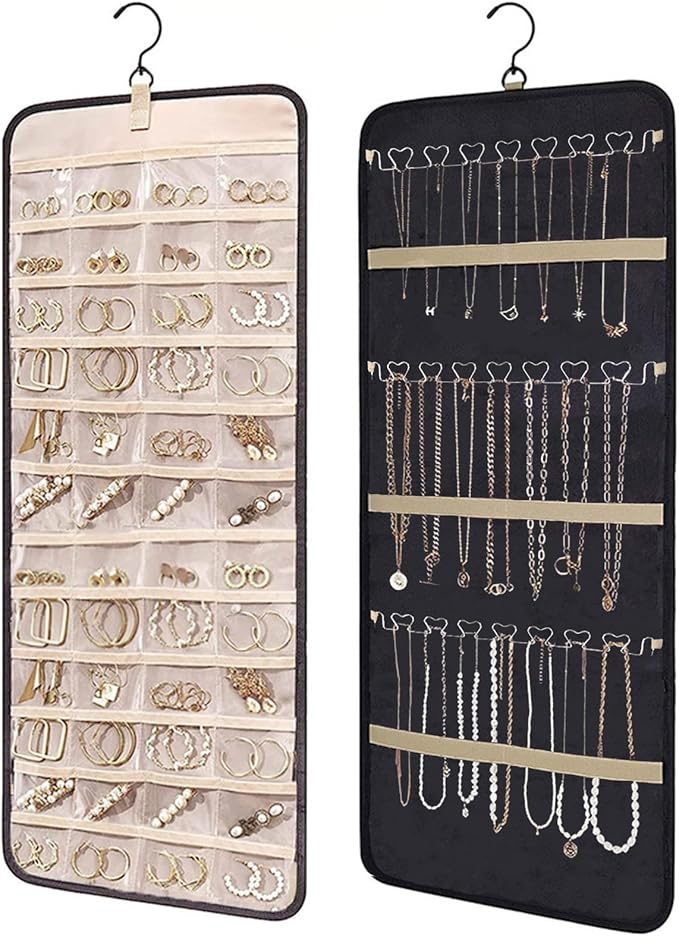 Hanging Jewelry Organizer Storage Roll with Hanger Metal Hooks Double-Sided Jewelry Holder for Earrings, Necklaces, Rings on Closet, Wall, Door,Large 14.17' x 33.07'',black