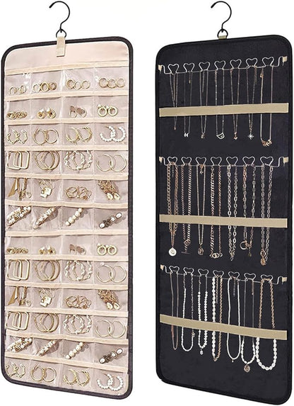 Hanging Jewelry Organizer Storage Roll with Hanger Metal Hooks Double-Sided Jewelry Holder for Earrings, Necklaces, Rings on Closet, Wall, Door,Large 14.17' x 33.07'',black