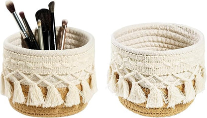 HEAVYWOOD Macrame Makeup Brush Holder Organizer 4.7''x3.9'' Mini Makeup Containers Boho Small Round Storage Basket Tassels Fringe Decorative Pencil Holder Set of 2 (4.7''x3.9'', Khaki)