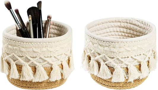 HEAVYWOOD Macrame Makeup Brush Holder Organizer 4.7''x3.9'' Mini Makeup Containers Boho Small Round Storage Basket Tassels Fringe Decorative Pencil Holder Set of 2 (4.7''x3.9'', Khaki)