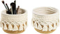 HEAVYWOOD Macrame Makeup Brush Holder Organizer 4.7''x3.9'' Mini Makeup Containers Boho Small Round Storage Basket Tassels Fringe Decorative Pencil Holder Set of 2 (4.7''x3.9'', Khaki)