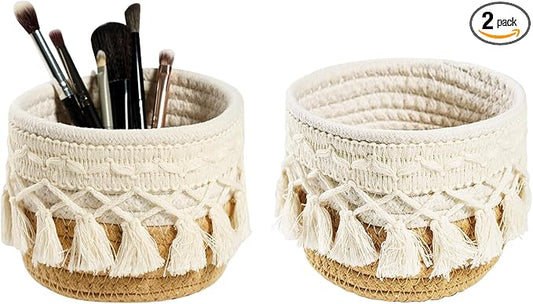 HEAVYWOOD Macrame Makeup Brush Holder Organizer 3.9''x3.9'' Mini Makeup Containers Boho Small Round Storage Basket Tassels Fringe Decorative Pencil Holder Set of 2 (3.9''x3.9'',Khaki)