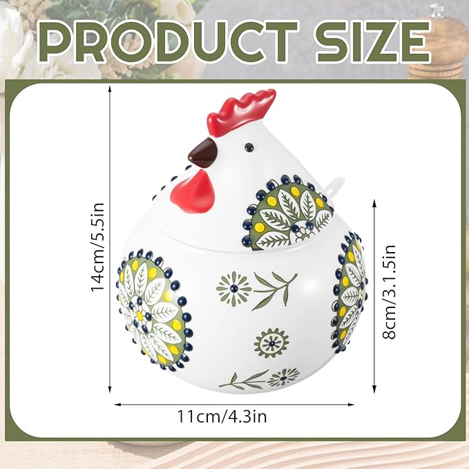 Ceramic Salt Cellar with Lid and Spoon, 13 oz Large Chicken Salt Jar, Chicken Sugar Containers for Countertop, Decorative Kitchen Holder for Coffee, Pepper, Seasonings, Spices, Candy(Green)