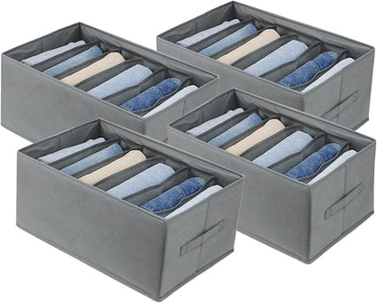 Fordonral Extra Large Clothes Closet Organizer 6 Compartments for Jean Sweater Sheets to Shirt - Divided Clothing Storage Boxes for Closet, Wordrobe, Bedroom, Shelf (4pc Gray)