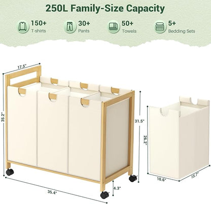 Homykic 250L Laundry Sorter Cart with Wheels, 3-Section Rolling Laundry Basket with Removable Bags, 66 Gal Large Laundry Hamper Organizer, Heavy Duty Bamboo Frame, Water-Resistant, Black