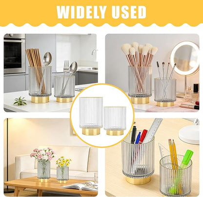 Makeup Brush Holder Organizer, Heavy Crystal Glass Brush Storage Holder, Vintage Cosmetic Make Up Bathroom Brushes Cup Pen Pencil Toothbrush Holder Striped Vase (Clear S+L)