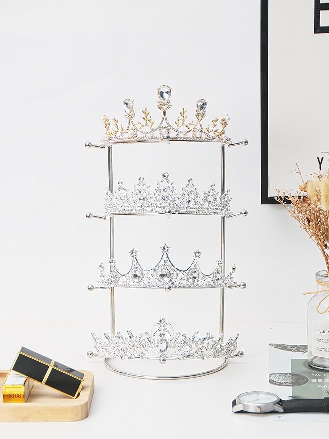 Byken 4 Tier Crown Holder,Tiara Organizer,.Golden Bridal Headdress Display Stand for Selling,Headband Ear Crown Storage Tower,Jewelry Holder for Girls Wedding Home Shop Store (Silver)
