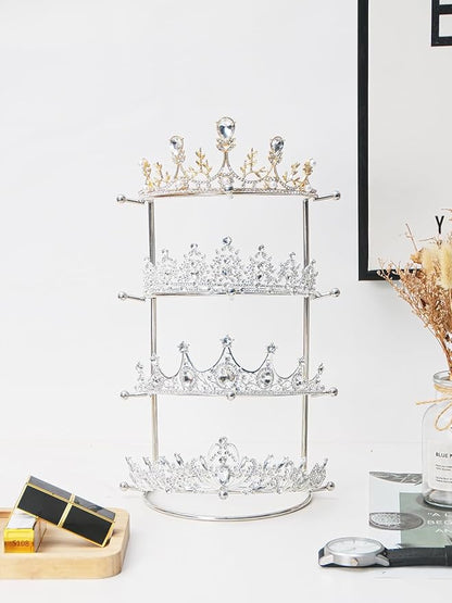 Byken 4 Tier Crown Holder,Tiara Organizer,.Golden Bridal Headdress Display Stand for Selling,Headband Ear Crown Storage Tower,Jewelry Holder for Girls Wedding Home Shop Store (Silver)