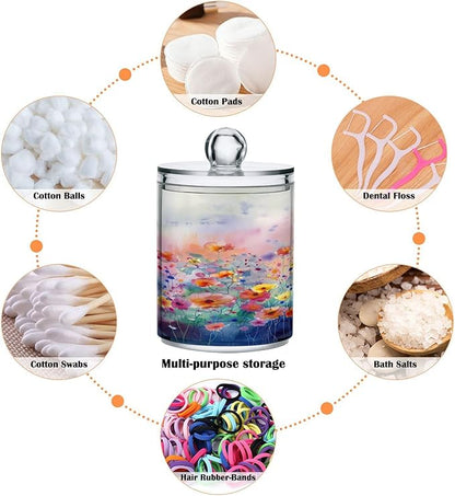 Colorful Flowers Painting Qtip Holder Dispenser with Lids, 2PCS Plastic Food Storage Canisters, Apothecary Jar Containers for Vanity Organizer Storage #557