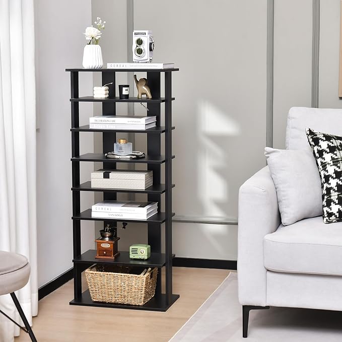 GOFLAME 7-Tier Tall Shoe Rack, Patented Freestanding Shoe Shelf Storage Organizer for 14 Pairs of Shoes, Space-Saving Vertical Shoe Stand for Entryway, Closet, Living Room, Black