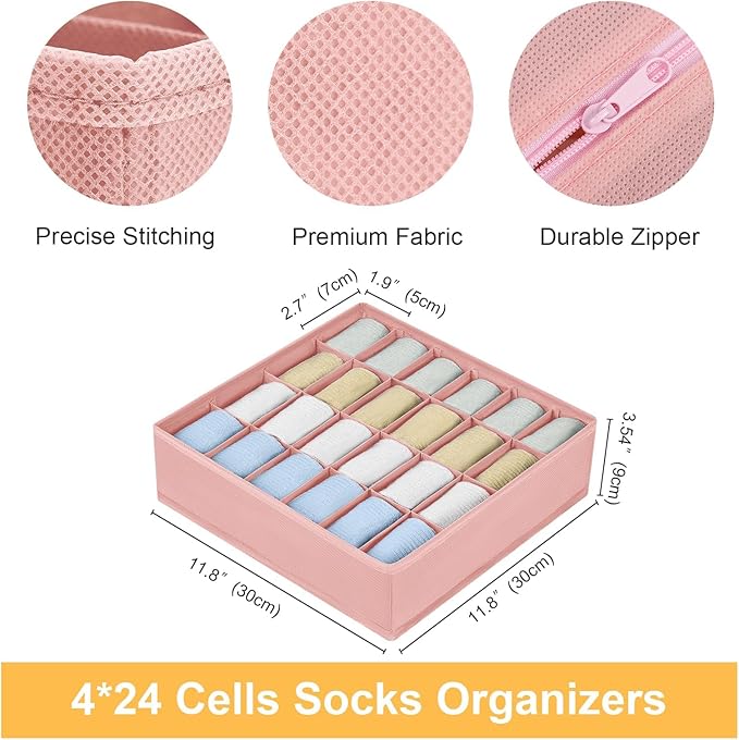 Joyoldelf 4-Pack Pink Fabric Dresser Drawer Organizers, 24-Cell Sock Drawer Divider, Non-woven Material