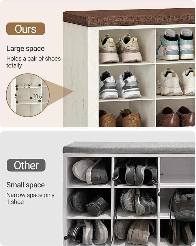 Hzuaneri Shoe Bench with Cushion, Entryway Storage Bench with 16 Cubbies, Cubby Shoe Rack with Adjustable Shelves, Shoe Organizer Cabinet for Living Room, Bedroom, Entryway, Rustic White SB25614KA