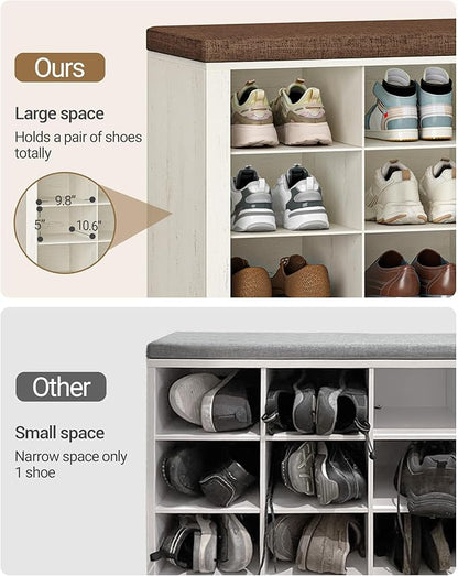 Hzuaneri Shoe Bench with Cushion, Entryway Storage Bench with 16 Cubbies, Cubby Shoe Rack with Adjustable Shelves, Shoe Organizer Cabinet for Living Room, Bedroom, Entryway, Rustic White SB25614KA