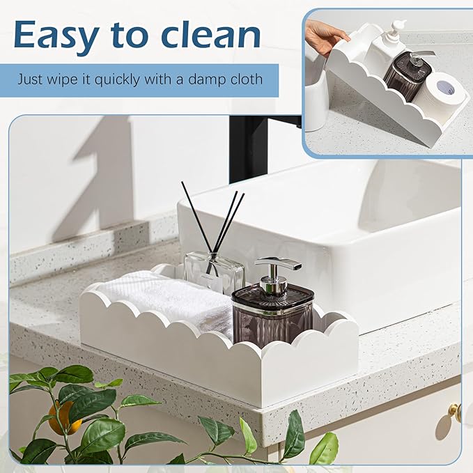 AceOrbit Toilet Paper Basket Storage Scalloped Wooden Toilet Tank Tray Topper Farmhouse White Bathroom Storage Organizer for Bedroom Vanity Kitchen Countertop Dresser Shelf Table Home Decor