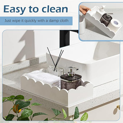 AceOrbit Toilet Paper Basket Storage Scalloped Wooden Toilet Tank Tray Topper Farmhouse White Bathroom Storage Organizer for Bedroom Vanity Kitchen Countertop Dresser Shelf Table Home Decor