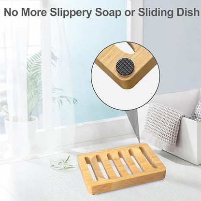 Natural Bamboo Soap Dish and Holder Elegant Design Self Draining Soap Tray for Shower Bar Soap Holder Perfect for Bathroom Sink and Kitchen