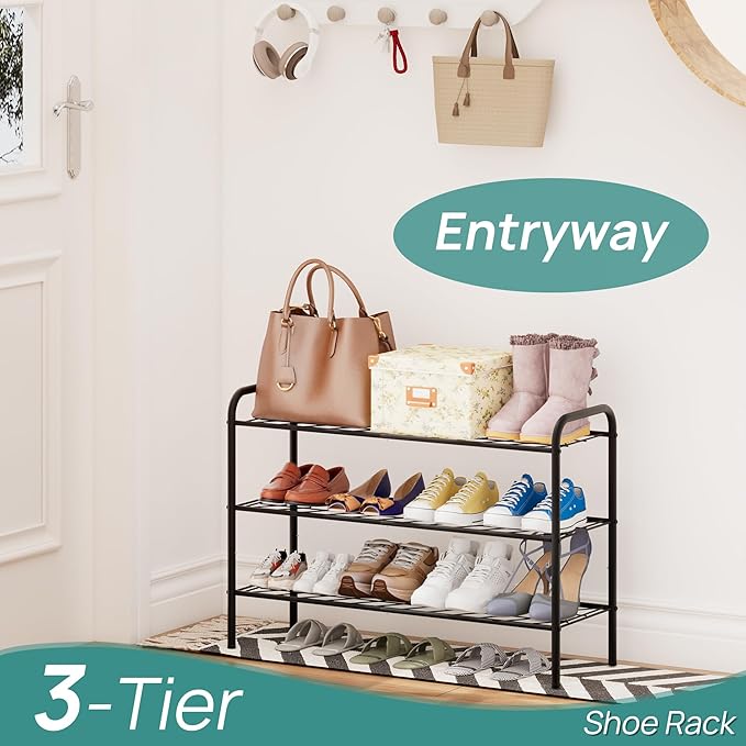 viewcare Shoe Rack for Closet, 3-Tier Long Shoe Rack for Entryway & Garage, Sturdy Metal Construction, Shoe Organizer Holds 8-12 Pairs