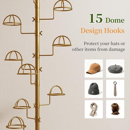 Hat Rack with 15 Circular Hooks Floor Hat Stand Freestanding Hats Rack Stand Adjustable Metal Hats Tree Organizer Rack Display Standing Suitable for Home Store Commercial, Gold