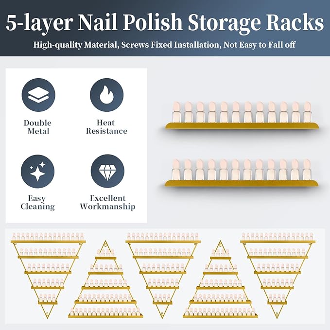 10 Packs Metal Nail Polish Storage Racks, 5 Tiers Wall-Mounted Triangular Display Rack Cosmetic Display Cases, Nail Polish & Lipstick Display Rack Perfume Organizer for Home Spas Salons (Gold)