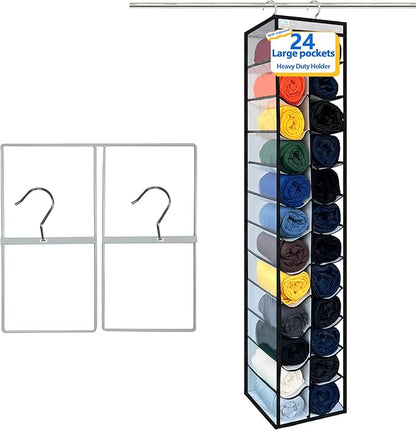 Legging Organizer for Closet Hanging, Legging Storage Bag Can Holds 24 Leggings Jeans or Shirts, Heavy Duty Metal Hooks for Over Door Storage, Wardrobe Clothes Storage - Black/White