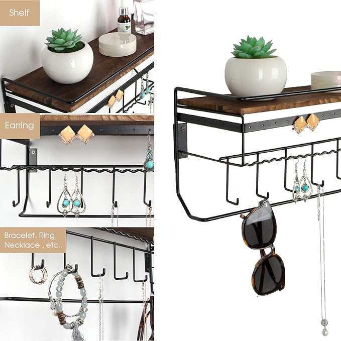 JackCubeDesign Hanging Jewelry Organizer with 9 Hooks, Wall Mount Necklace Earring Bracelet Sunglass Holder with Torched Wood Shelf (Black Metal) - MK237C
