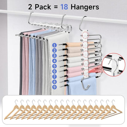 SANLIKE 2 Pack 9 Layers Pants Hangers Space-Saving Stainless Steel Closet Hangers 20pcs Fixed Clips Non-Slip Multi-Functional Pants Rack Two Hanging Modes for Trousers Jeans Leggings Scarf Skirts