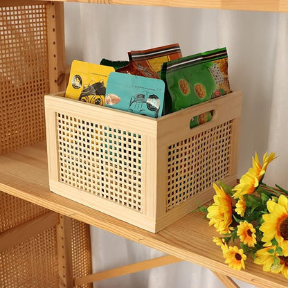 YAHUAN Bamboo Wooden Storage Box Cube Storage Organizer Bins Decorative Wood Square Basket Wood Crates Wicker Storage Cubes Basket Organizer for Home,Office,Closet,Shelf (cube bamboo)