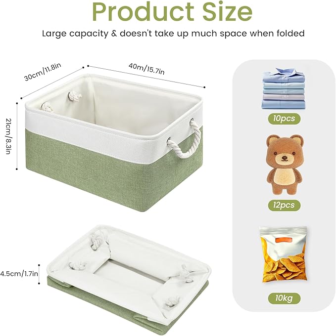 Large Storage Baskets- 15.7x11.8x8.26 inch Storage Bins for Shelves and Closet Organizing, Foldable Fabric Bin for Home Organization Clothes and Laundry (6-Pack, White&Green)