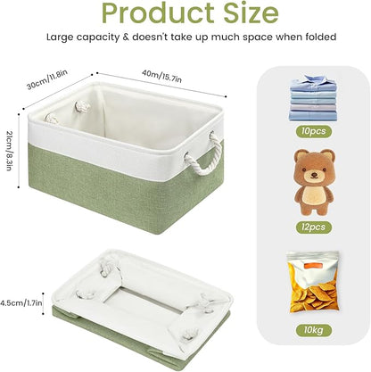Large Storage Baskets- 15.7x11.8x8.26 inch Storage Bins for Shelves and Closet Organizing, Foldable Fabric Bin for Home Organization Clothes and Laundry (1-Pack, White&Green)