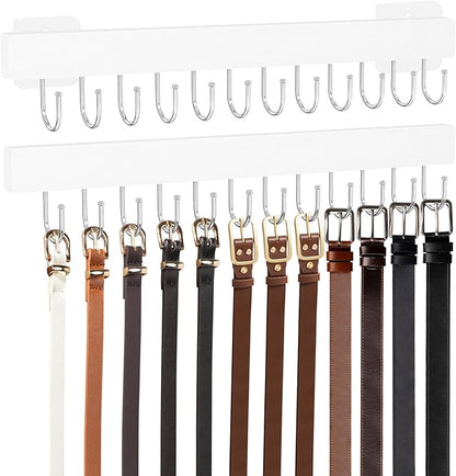 Belt Hanger Wall Mount, Adhesive Wooden Closet Belt Organizer with 24 Metal Hooks, Large Capacity, 2 Installation Options, White, 2 Pcs