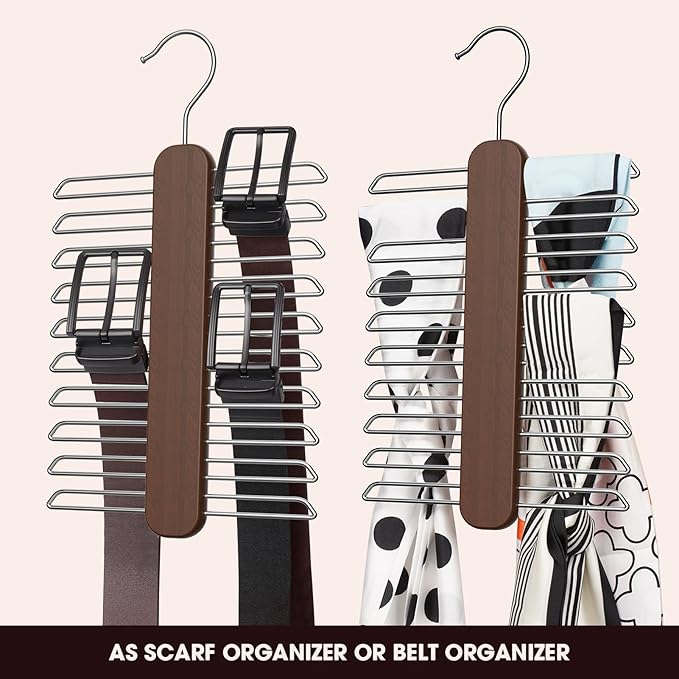 Tie Hanger 2 Pack, Rust Resistant Wooden Necktie Organizer with 360 Degree Rotation for Tie, Belt, Scarf Storage
