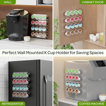 LifeMoreasy K Cup Holders, Acrylic Coffee Pods Organizer Stand Magnetic & Self-Adhesive Wall Mounted K Cup Stand for Kitchen Wall, Cabinet, Fridge (4 Pack for 16 Pods)