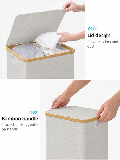 iEGrow 110L Laundry Basket with Lid, Laundry Hamper with Bamboo Handle,Clothes Basket Organizer with Removable Inner Bag for Clothes Towels,Light Grey