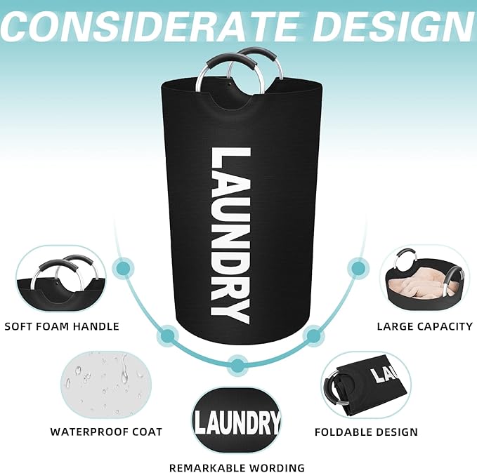 StorageRight 90L Large Laundry Basket, Laundry Hamper, Dirty Clothes Hamper for Laundry, Collapsible, Waterproof Laundry Baskets with Foam Protected Aluminum Handles for Laundry, Dorm, Family (Black)