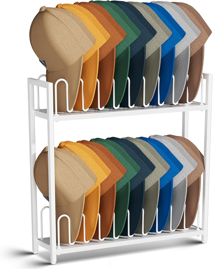Cinati 2-Tier Hat Organizer for Baseball Caps, 18 Capacity Freestanding Baseball Cap Rack, Metal & Wood Hat Storage for Closet Entryway Bedroom, Black Cap Holder Stand, Gifts for Men Dad