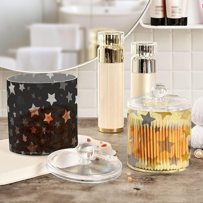 2 Pack Qtip Dispenser Apothecary Jars with Lids Cotton Round Holder Bathroom Canisters for Cotton Swab Floss Ball Pads Clear Plastic Decorative Cute Silver and Golden Stars