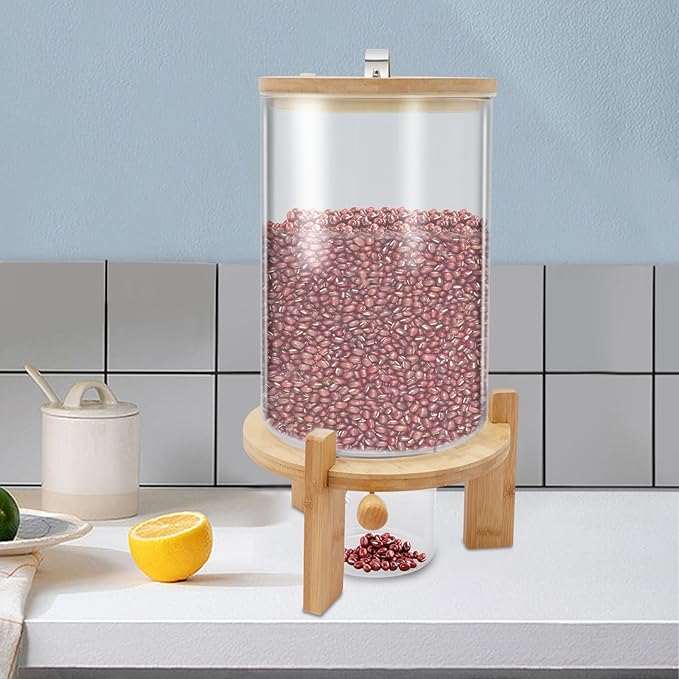 Rice Dispenser, 7.5L Glass Rice Container Cereal Container with Bamboo Stand Large Food Storage Container Flour Organization with Airtight Lid & Measuring Cup for Grain Legumes (7.5L)