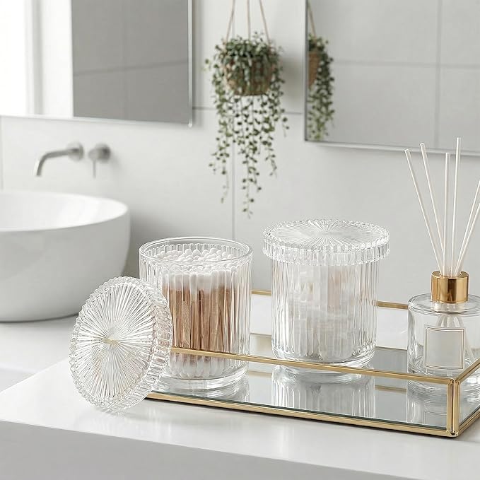 2 Pack Glass Qtip Holder with Lid, Qtip Dispenser Bathroom Storage Jars- Glass Apothecary Jars for Cotton Ball, Swab, Pads, Floss Picks, Bathroom Accessories Organization and Vanity Organizer(Clear)