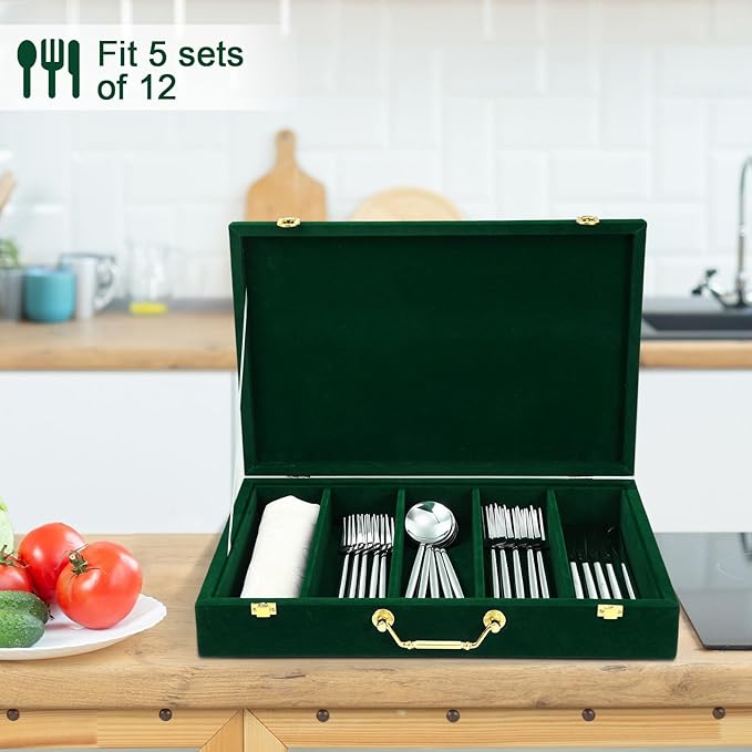 Pickmesh Silverware Case with Lid and Handle, Silverware Storage Box Sterling Silver Flatware Chest Without Silver Tarnish Proof Utensils Organizer for Kitchen Decor Wedding Gifts(Emerald,1 Layer)