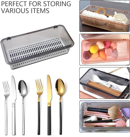 Flatware Tray with Lid and Drainer,Silverware Tray Kitchen Dinnerware Holder and Utensil Storage Container for Flatware and Silverware (Grey)